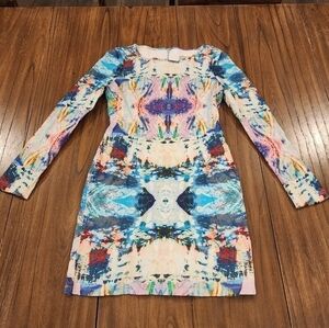 White suede brand Long sleeve bodycon fitted art multicolor abstract mini dress